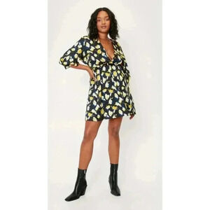 Nasty Gal Plus Sz Yellow Black Floral Skater Mini Dress V‎ Neck Size 18 Pocket